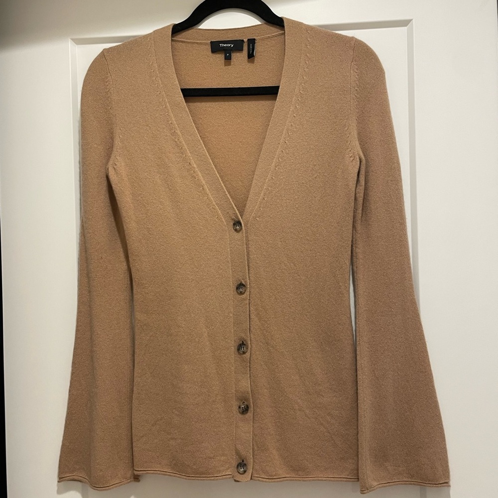 Theory 100% Cashmere Camel Tan Button-Up Cardigan with Bell Sleeves